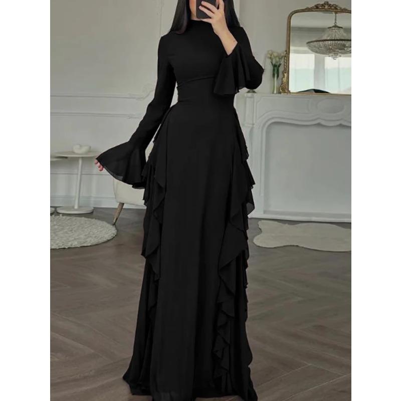 Abito Casual Elegante da Donna Europeo Americano a Vita Alta Monocolore con Maniche a Campana Abito Lungo Maniche Lunghe