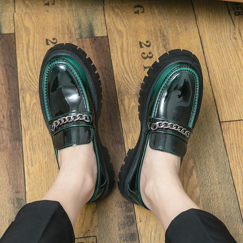 Fashion Spring Thick Sole Leather Shoes Metal Chain Loafers Round Head High Quality Slip-ons Business Formal Shoes Male Casual Moccasins