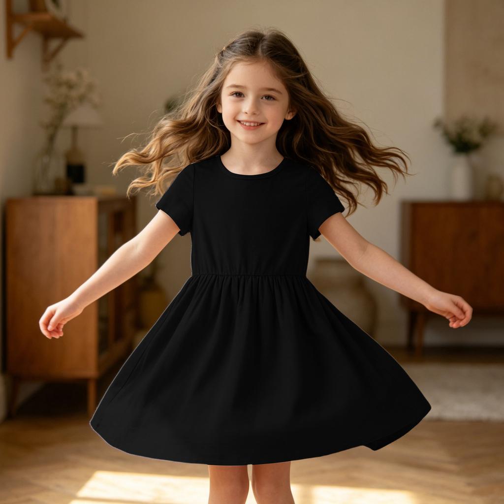 Mädchen Kurzarmkleid Lässig Lockerer Schnitt Atmungsaktive Baumwoll-Leinen-Mischung Sommerkleid mit Raffung in der Taille und Rundhalsausschnitt für den täglichen Gebrauch