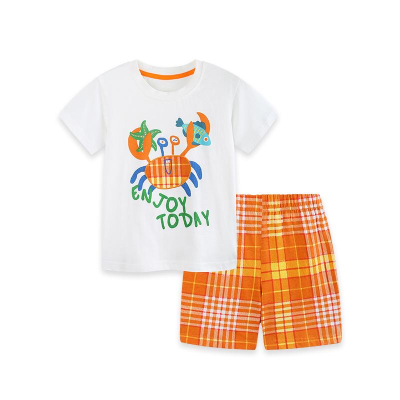 Boys European Plaid Shorts Set with Crab Embroidery - Summer Short Sleeve Two-Piece Outfit 6Y (120 cm)