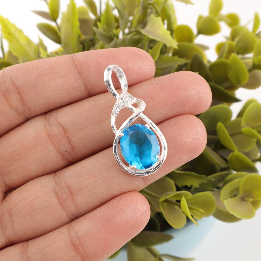 Rare Swiss Blue Topaz Gemstone 925 Sterling Silver Jewelry Zircon Pendant 1.22" CZP-13-2