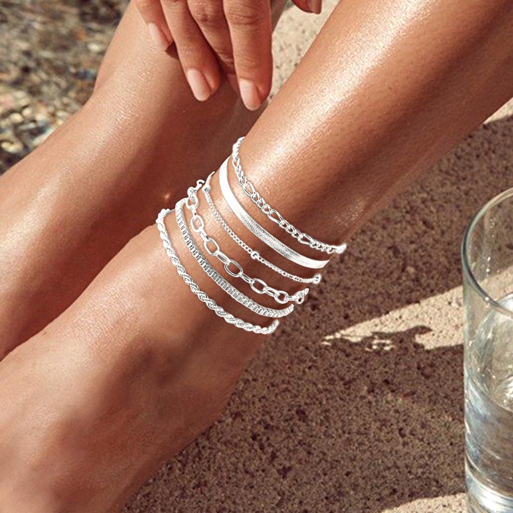 Multi-piece Set Bohemian Vacation & Simple Style Stackable Vegan Chain for Women Summer Anklet Plated 18K Gold Silver Hypoallerg