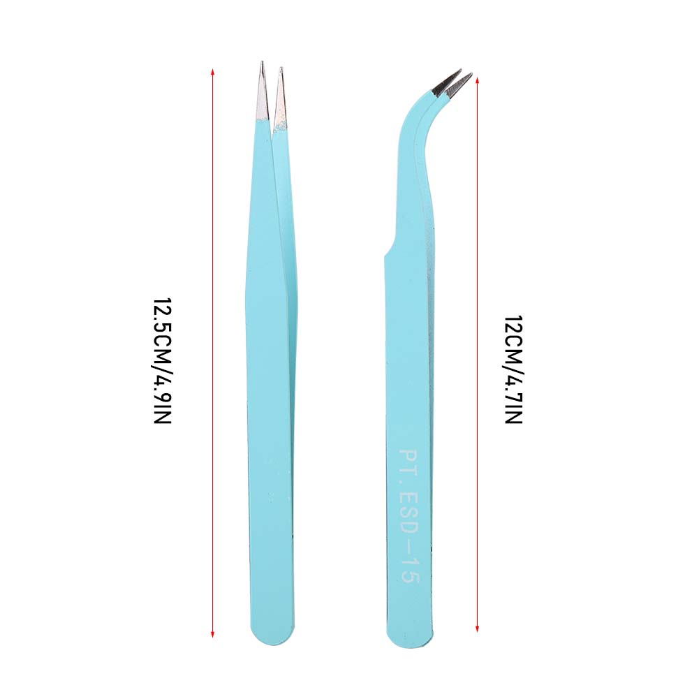 2Pcs Stainless Steel Nail Art Tweezers Anti static Straight Curved Head Manicure Tweezers Blue