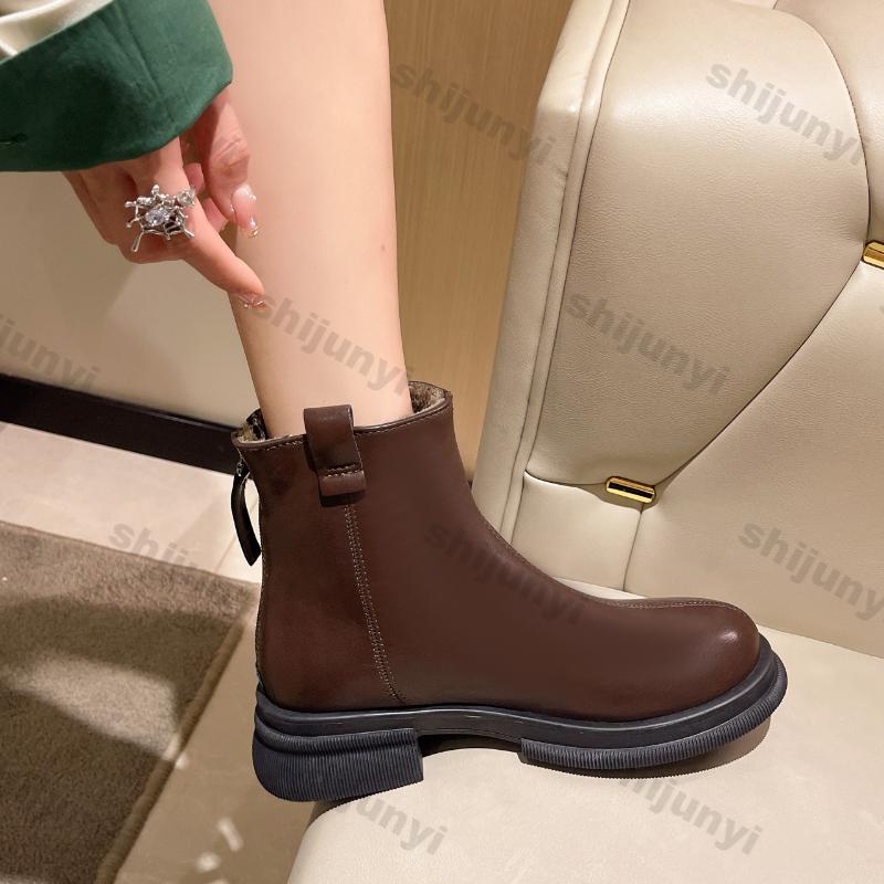 Women's Warm Thick Fleece Short Boots Autumn Winter New Versatile Boots Women Thick Heel Side Zipper Casual Square Short Booties