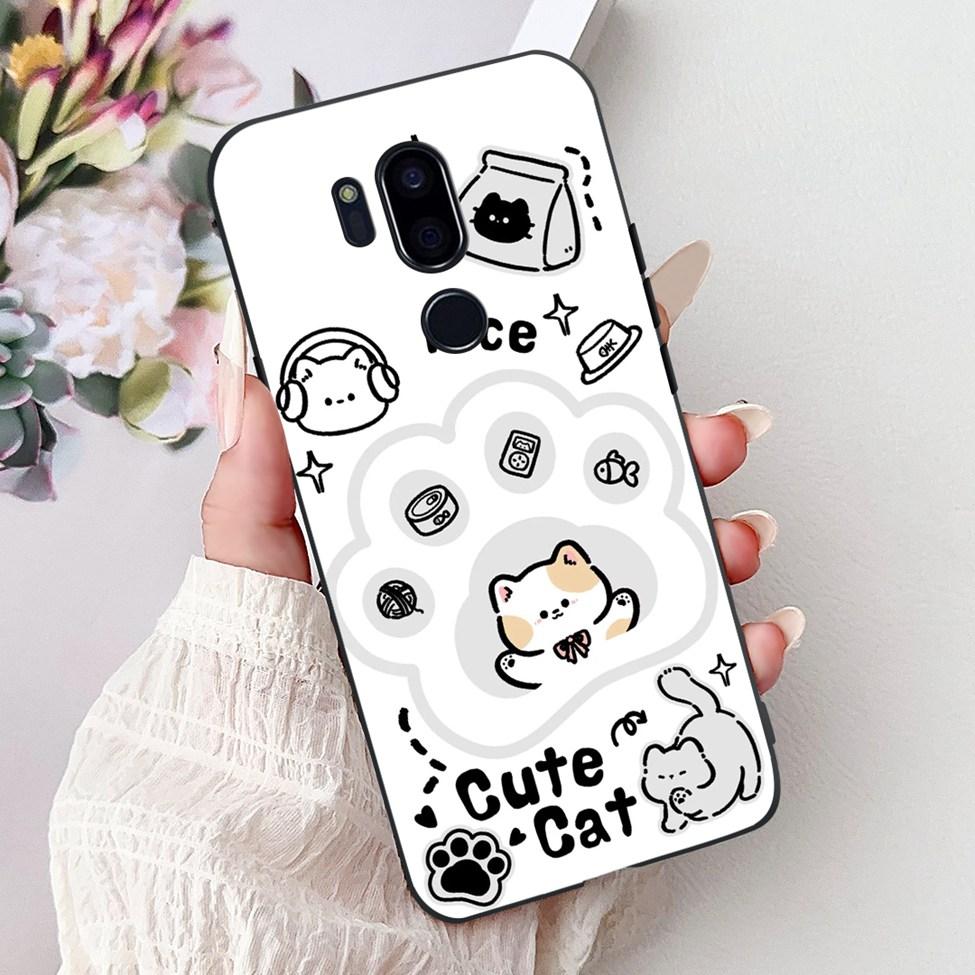 Para LG G7 ThinQ Funda Silicona Negra Gato Lindo Flores de Moda Trasera Pintada Genial Para LG G7ThinQ Funda de Teléfono LMG710EM