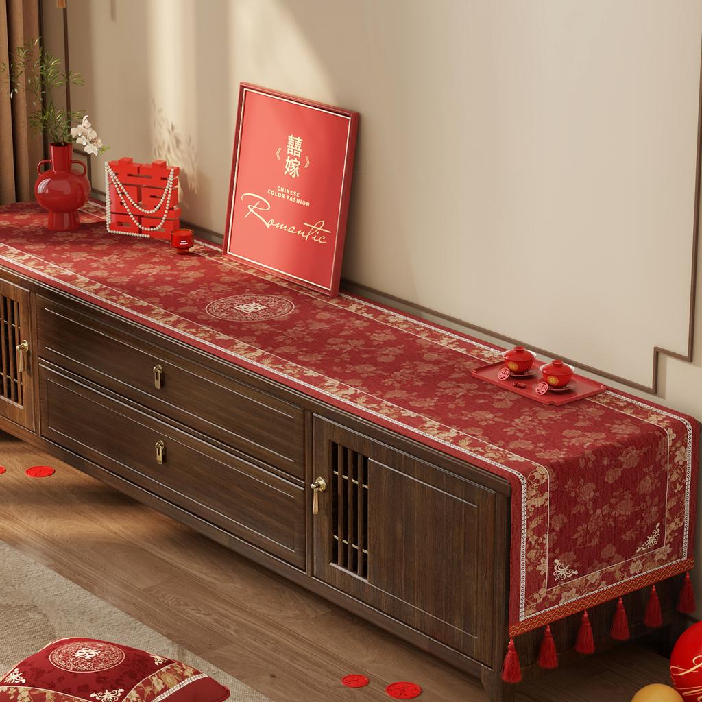 Wedding Tv Cabinet Tablecloth Light Luxury High-End Red Side Cabinet Long Strip Cover Festive Coffee Table Decorative Cloth