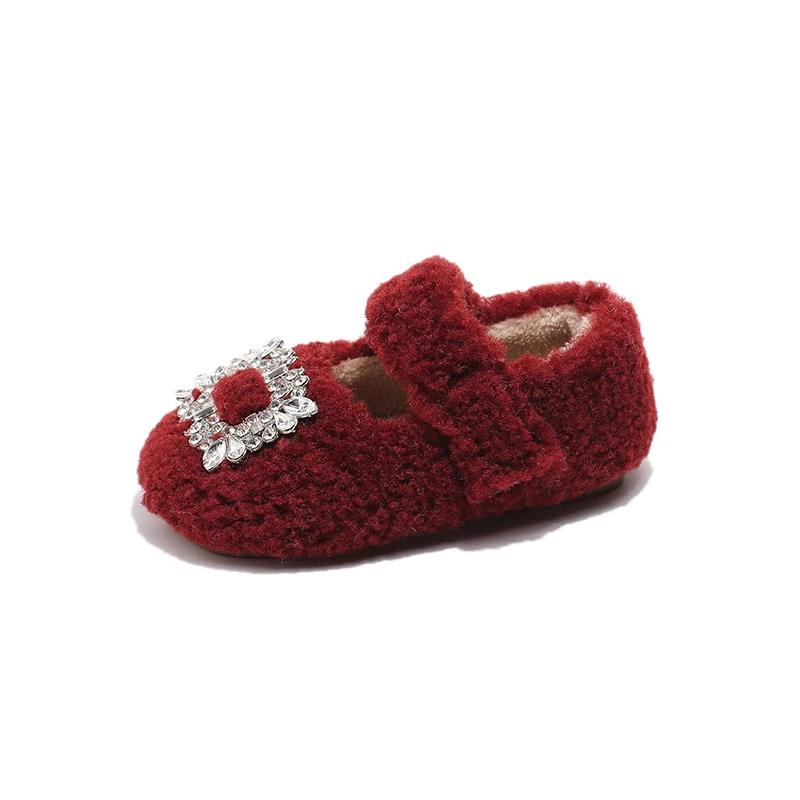 

Winter Crystal Baby Girls Flats Shoes Plush Warm Children Princess Shoes Shallow Hook Loop Non Slip Toddler Kids Fashion Shoes 22 красный