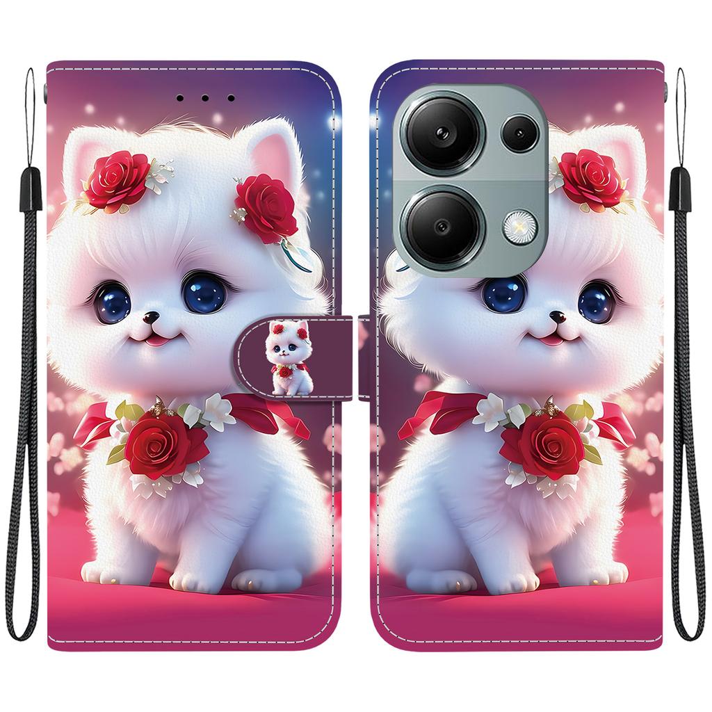 Handmade PU Leather Flip Case for Xiaomi Redmi Note 13 Pro 4G Anti-Slip Shockproof Cover with Wrist Strap & Heart/Rose Cat Designs