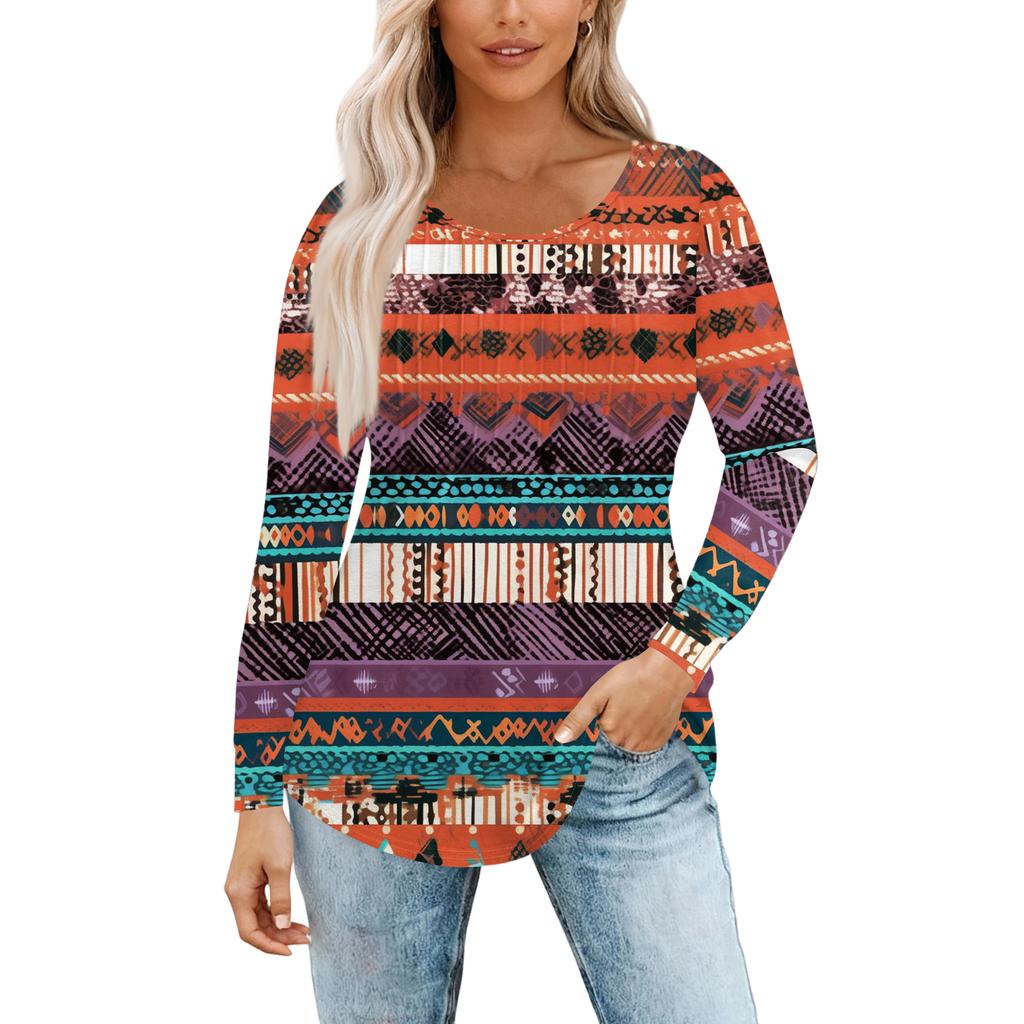 Damenmode Lässig Plissiert Rundhals Vintage Blumendruck Langarm T-Shirt Top