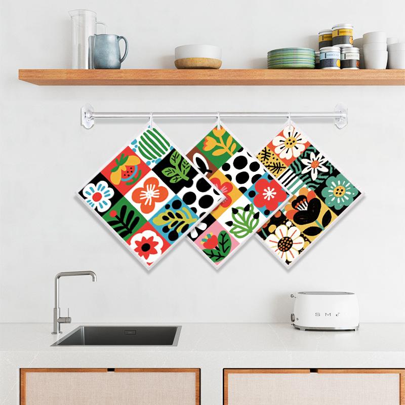 6PCS Cleaning Dishcloths Reusable Kitchen Dish Towels Retro Memphis Style Floral Cloth Absorbent Lint Free Dishcloth Washable Duster Rags Tea Towels