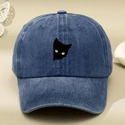 Cartoon Half Body Black Cat Print Washed Retro Baseball Cap Suitable for Unisex and Women,adjustable for Outdoor Sports and Leisure