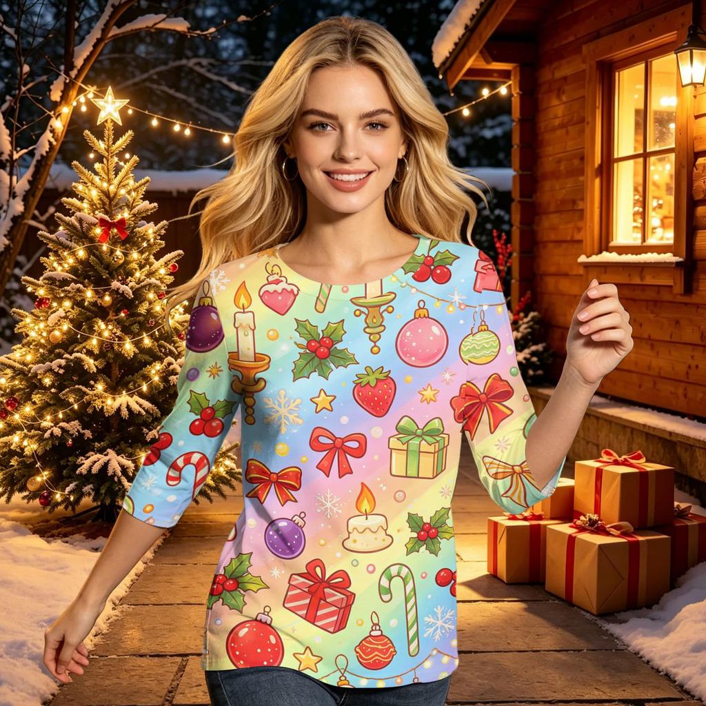 Üç Çeyrek Kollu Kadın Günlük Noel Baskılı Boyundan Bağlamalı Üst