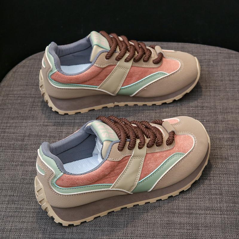 Fashion Casual Sneakers Women Suede Leather Patchwork Mixed Colors Lace Up Round Toe Platform Shoes Lady Flats