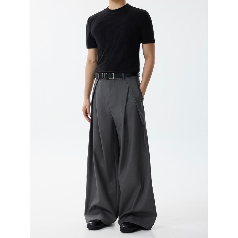 Blaexit Retro Vintage Style Cleanfit Gray A-Line Dress Pants Men's Pleated Casual Loose Wide-Leg Scimitar Pants
