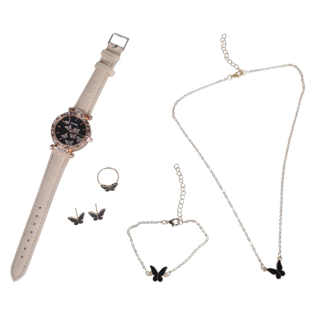 6pcs/set Luxury Watch Women Rings Necklace Earrings Bracelet Set Butterfly Leather Strap Watches Lady Wristwatch No Case