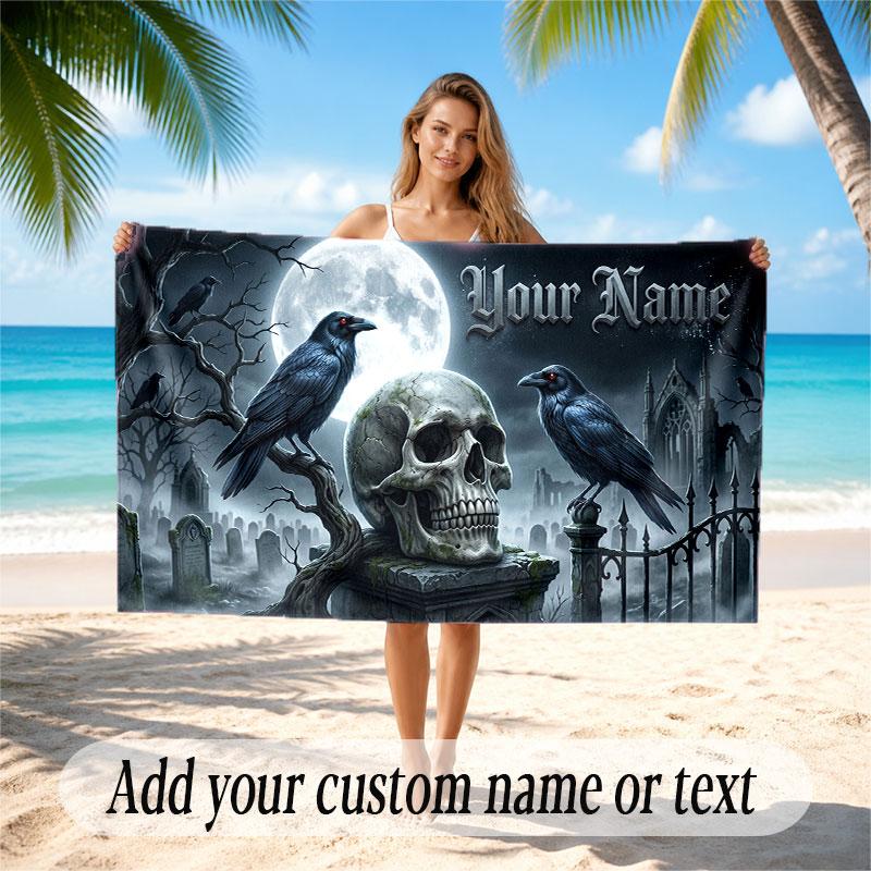 Skull Gothic Theme Beach Towel Personalized Custom Name & Text Soft Quick Dry Beach Towel for Swimming Travel