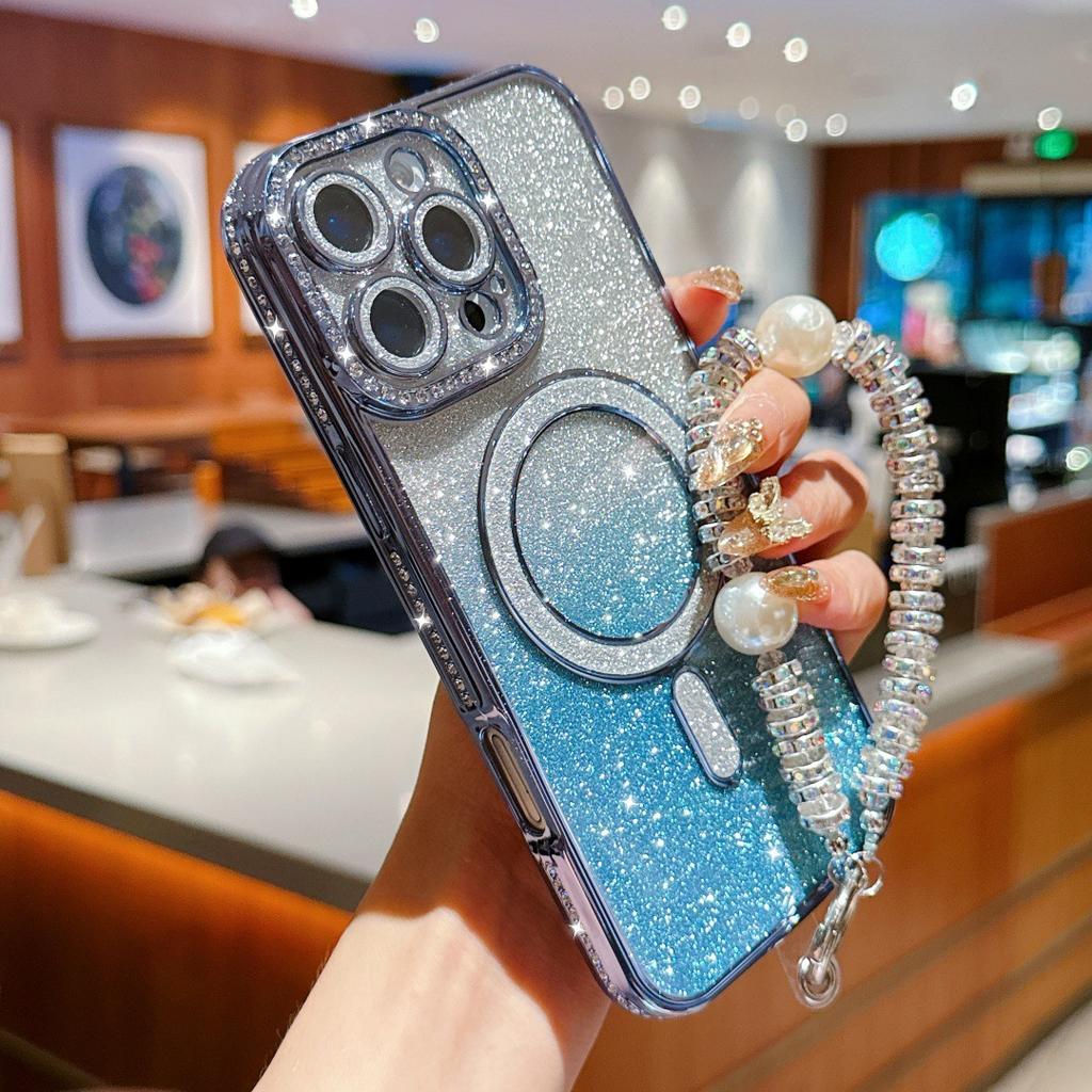 Custodia per cellulare magnetica con glitter forata lateralmente per Xiaomi 14T PRO braccialetto di perle Pellicola per lente NOTE14PRO custodia morbida