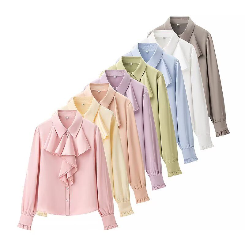 Kaslead New Women clothes Western Style Fashion Silk Satin Texture Frill Long sleeve Shirts