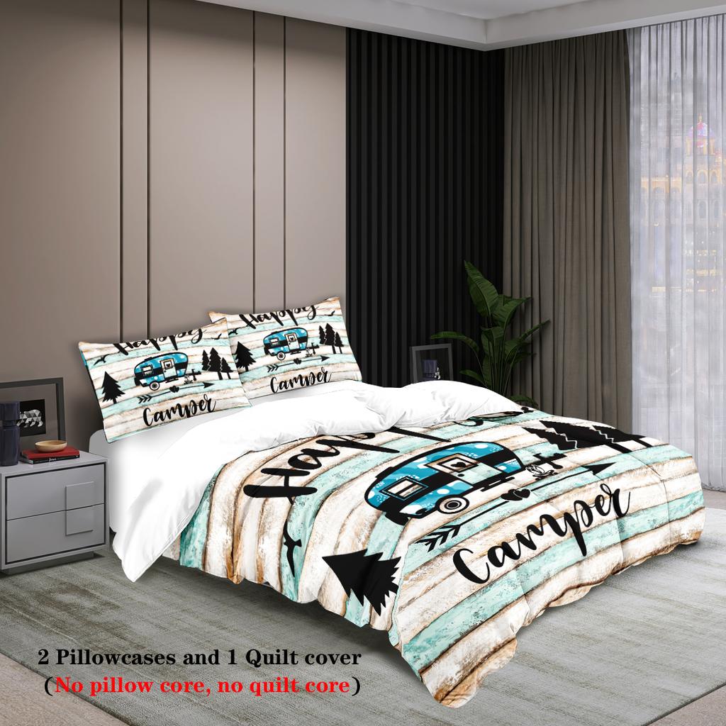 3-piece set,happy camper and forest pattern printed duvet set, queen, king, double bed, party funny and creative bedding set