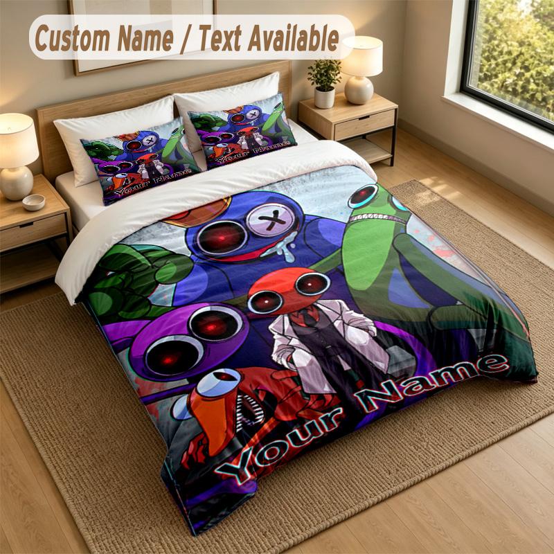 Custom Name Text Bedding 3Pcs Set,Rainbow Friends 1 Duvet Cover 2 Pillowcases Soft Bed Linen For Gift