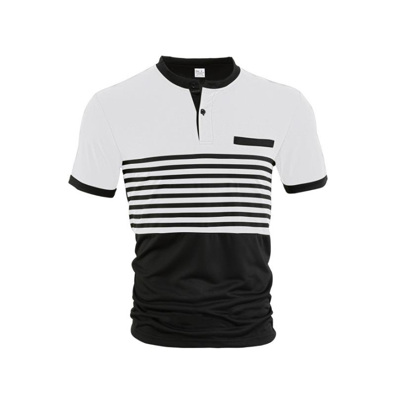 Men Striped Color Block Henley Neck Short Sleeve T Shirt Casual Contrast Trim Top for Men S белый
