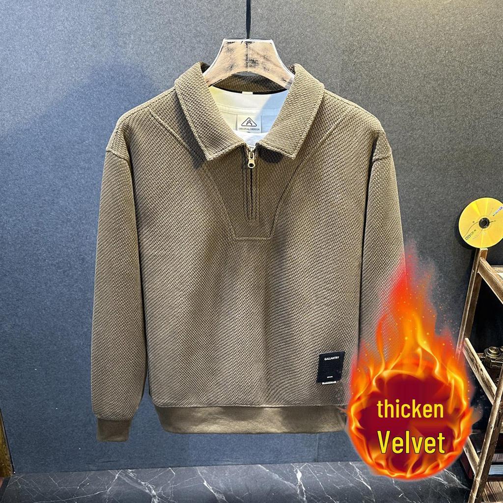 Men's European Cotton Fleece-Lined Knit Zipper Lapel Sweatshirt - Autumn/Winter, Loose Plus Size, High-End Casual Clothing