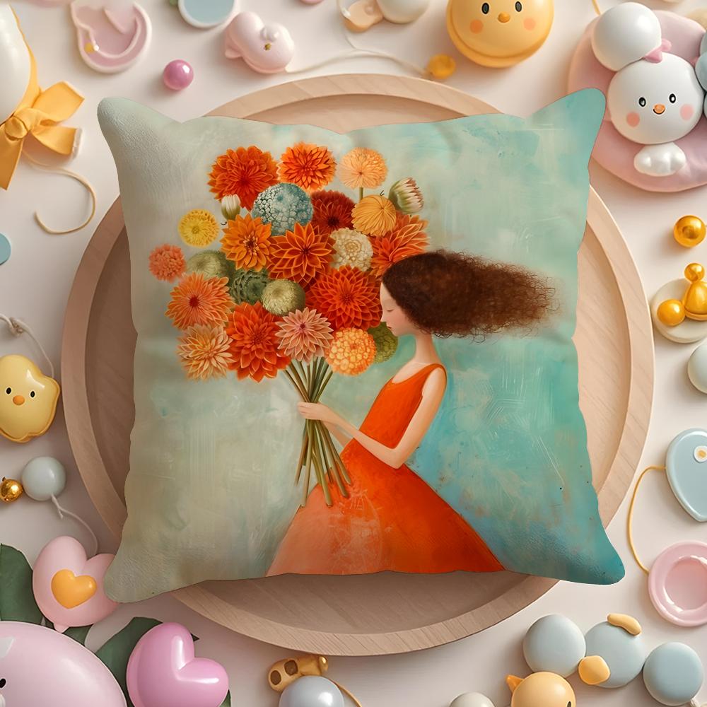 The girl is holding flowers Cushion Cover Short Plush DoubleSided Printing Home Machine Washable in Warm Winter Pillow Cover
