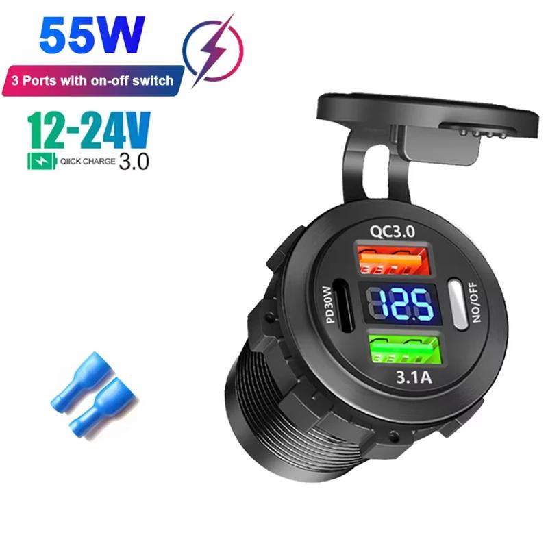 Car Charger Socket Type-C & Dual USB 3Ports Fast Charger Socket Waterproof with Voltmeter 12V/24V For Boat Motorcycle Adaptors