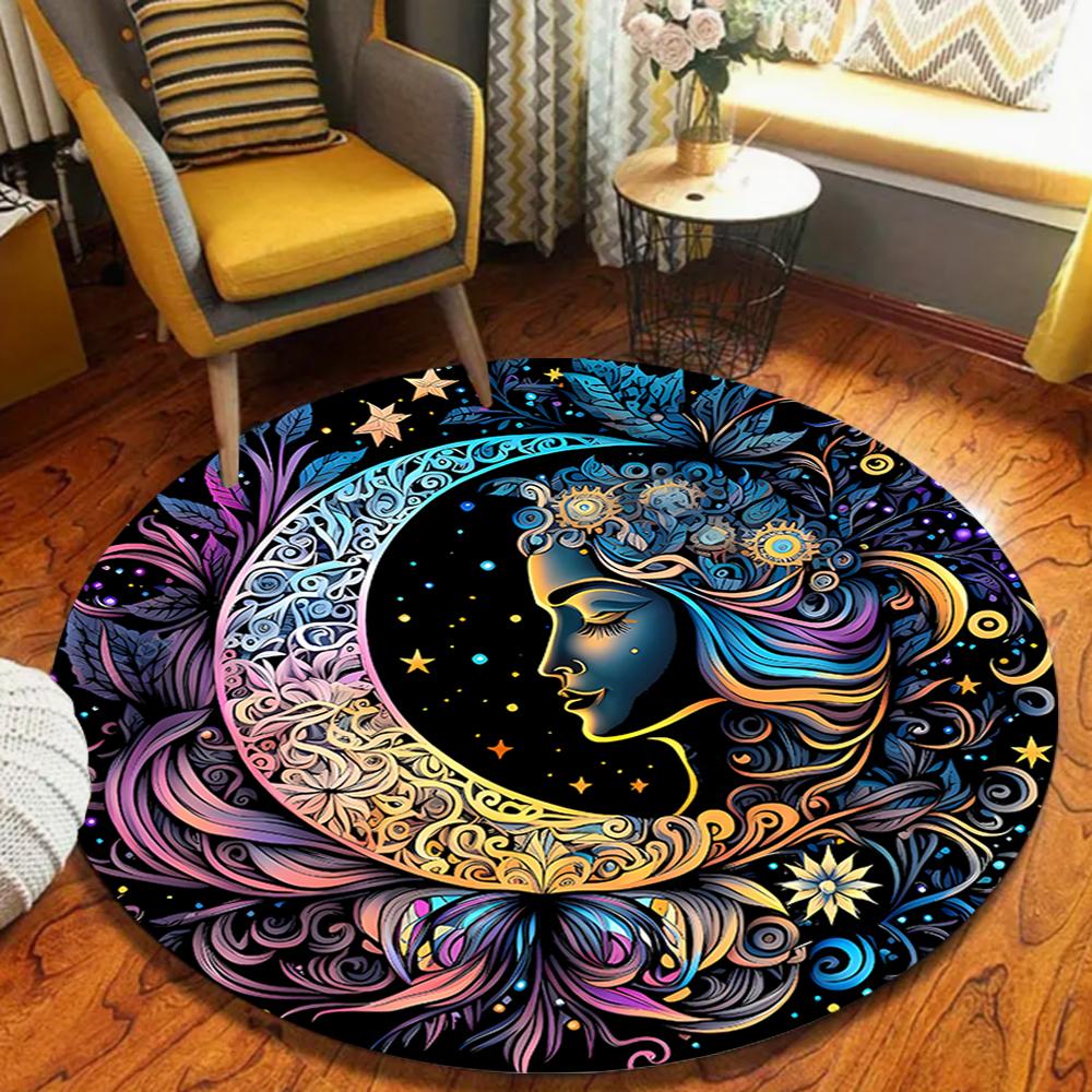 Star Moon Floral Pattern Round Area Rug Mystical Bohemian Style Soft Floor Mat for Living Room Leisure Space Home