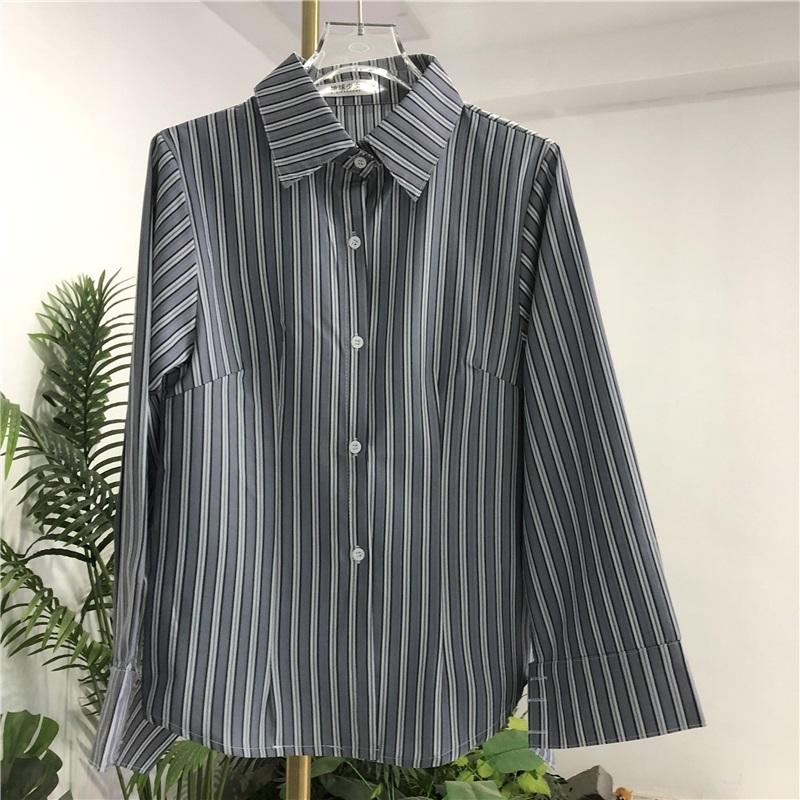 Women's Blue Striped Shirt Slim Fit Waist Design Ladies Blouse Spring and Autumn Casual Versatile Single Breasted Cardigan Top