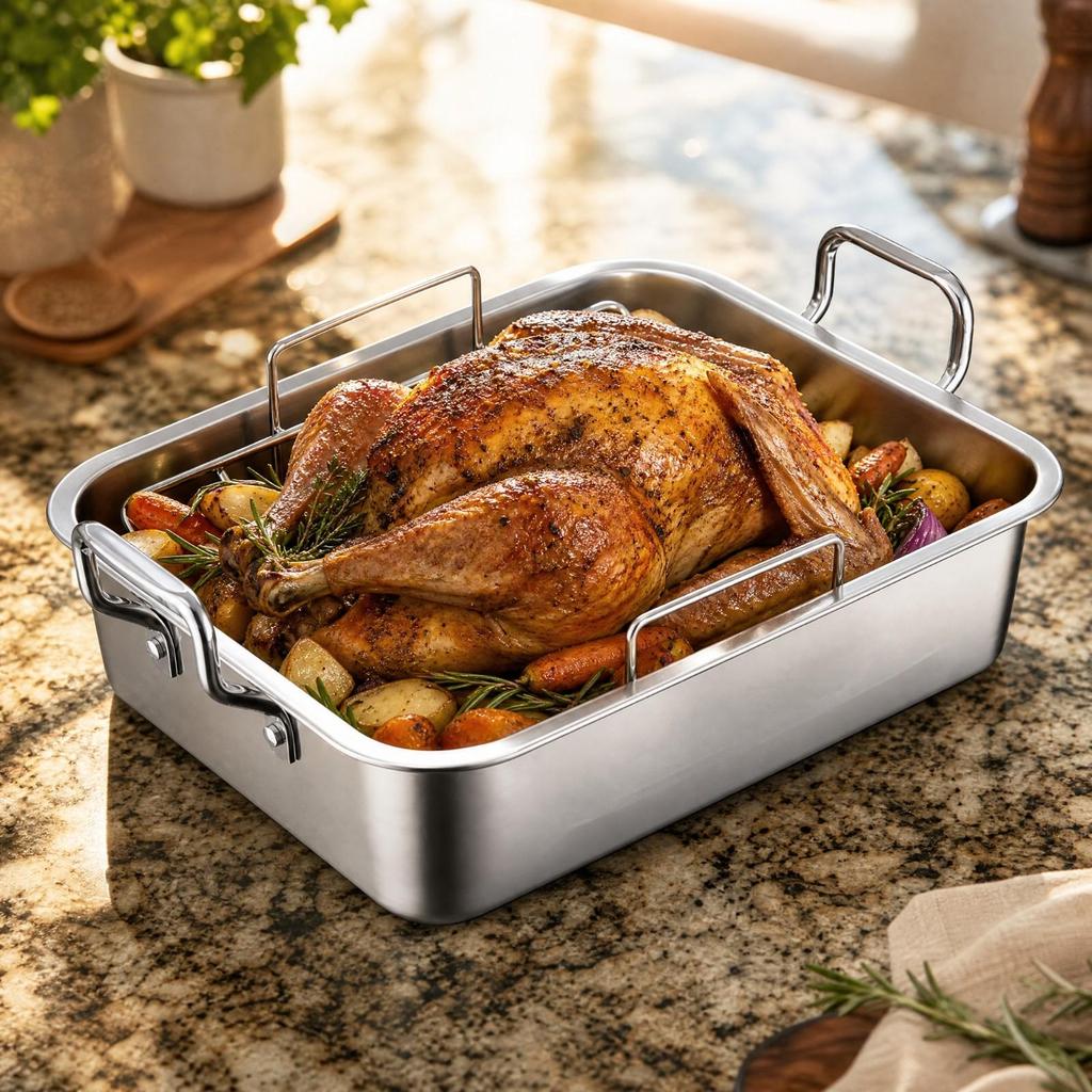 Roasting Pan with Rack Versatile Rectangular Roaster Premium for Kitchen, Bakers