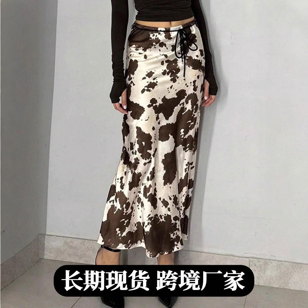 Женская атласная юбка-миди с принтом «Корова», высокой талией и кулиской, фасона «Русалка» S коричневый