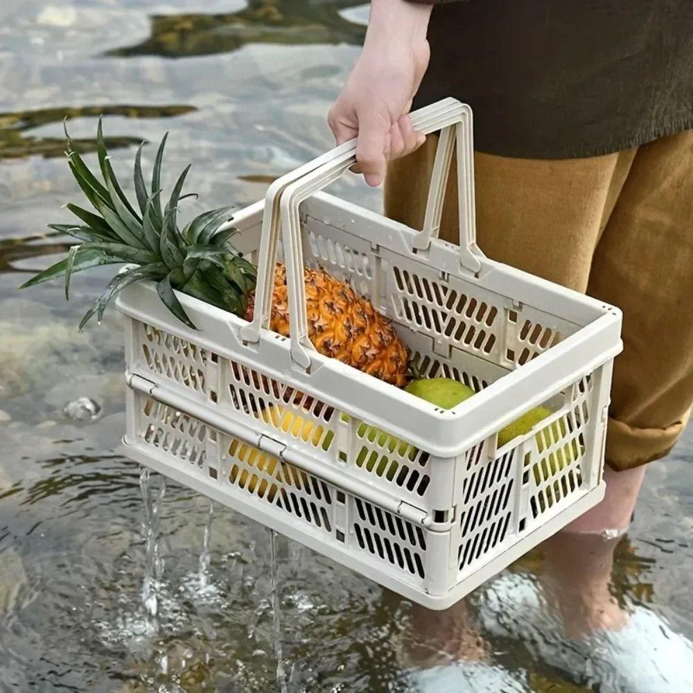Plastic Folding Storage Basket with Handle Foldable Storage Box For Kitchen and Camping