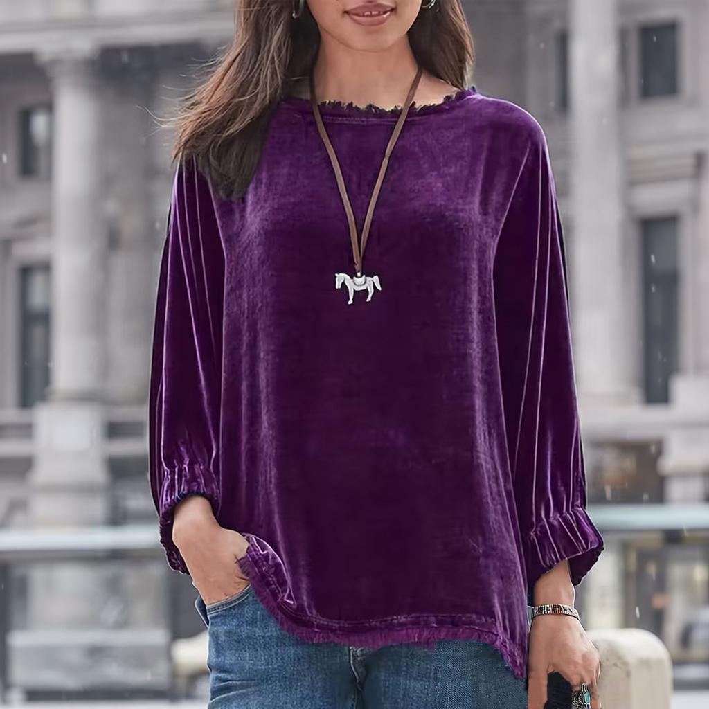 Women's Casual Pullover Top Color Neck Long Sleeve Loose Fit Shirt for Everyday Wear