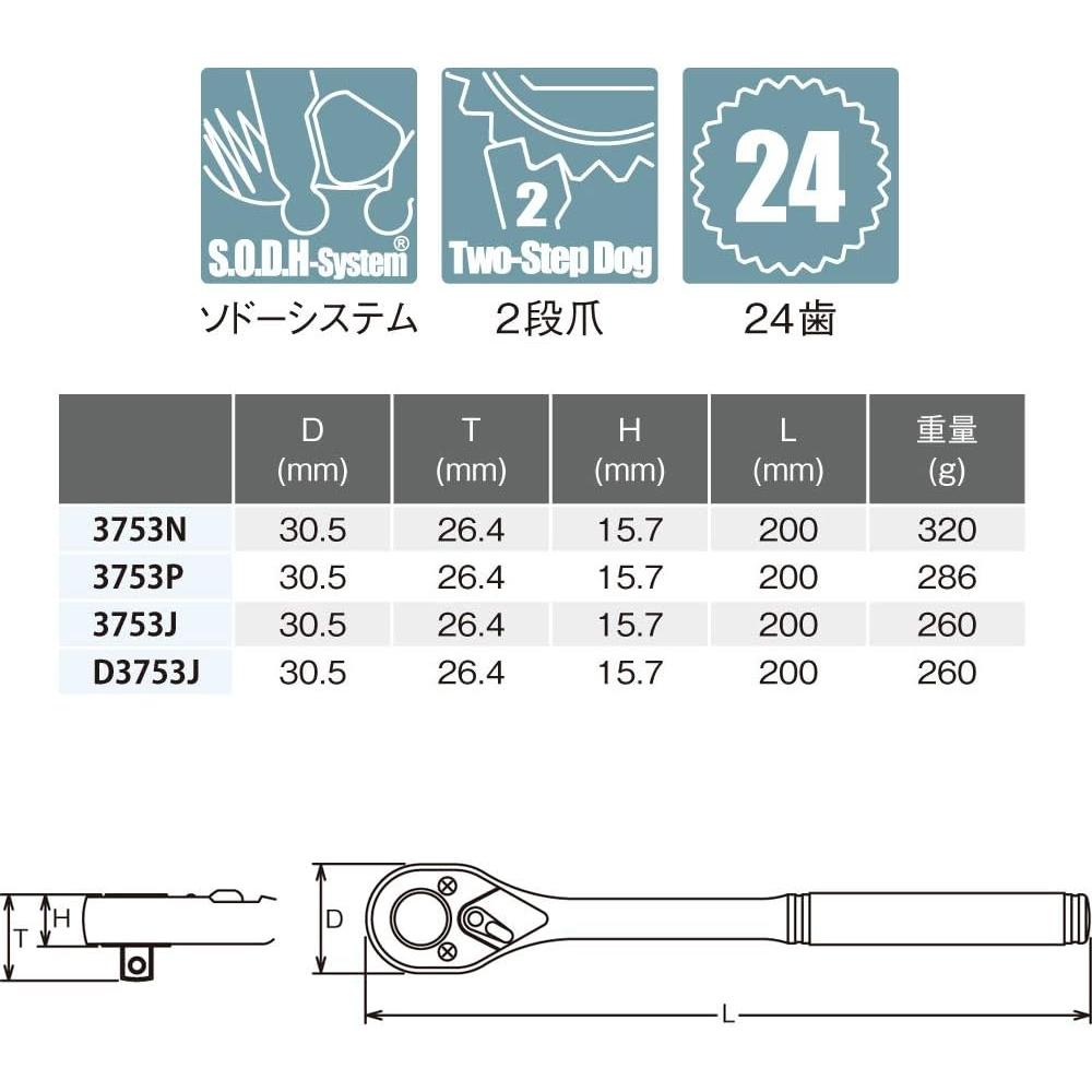 Koken Ratchet Handle Knurled Grip 200mm Overall Length 3753n Square Drive 9.5