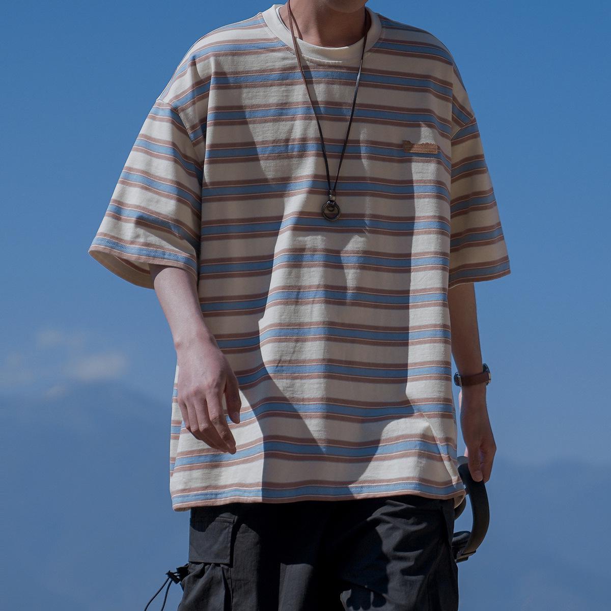 

Летняя мужская футболка с цветными блоками и полосками, свободного кроя, с коротким рукавом, 2023 L абрикосовый