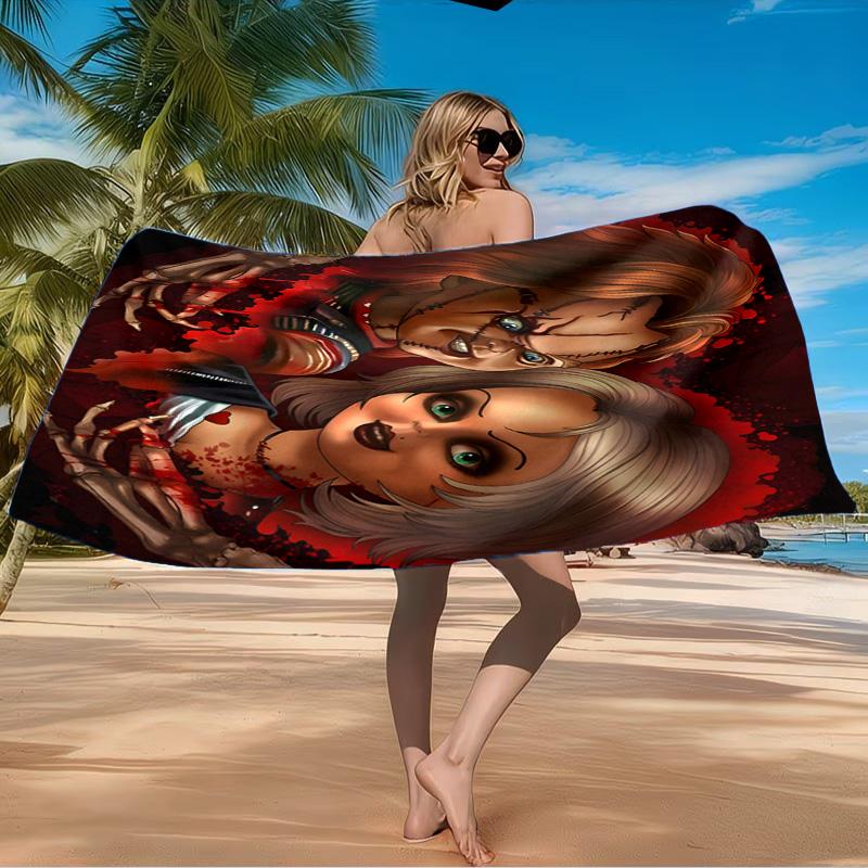 Love And Horror Doll Pattern Beach Towel Microfiber Beach Towel, Lightweight and Quick-Dry, for Summer Travel, Swimming Pool Fan Birthday Gift