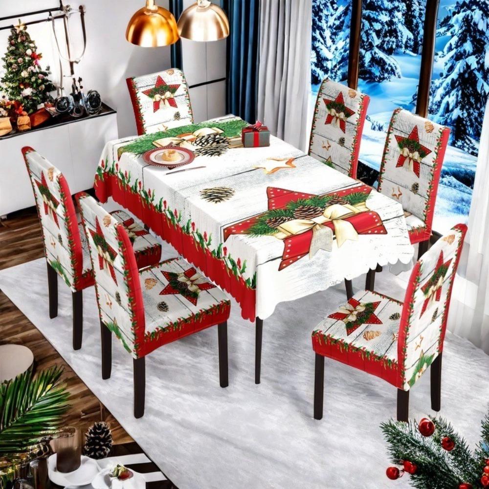 Christmas Waterproof Printed Tablecloth and Chair Covers Set Holiday Dining Decor