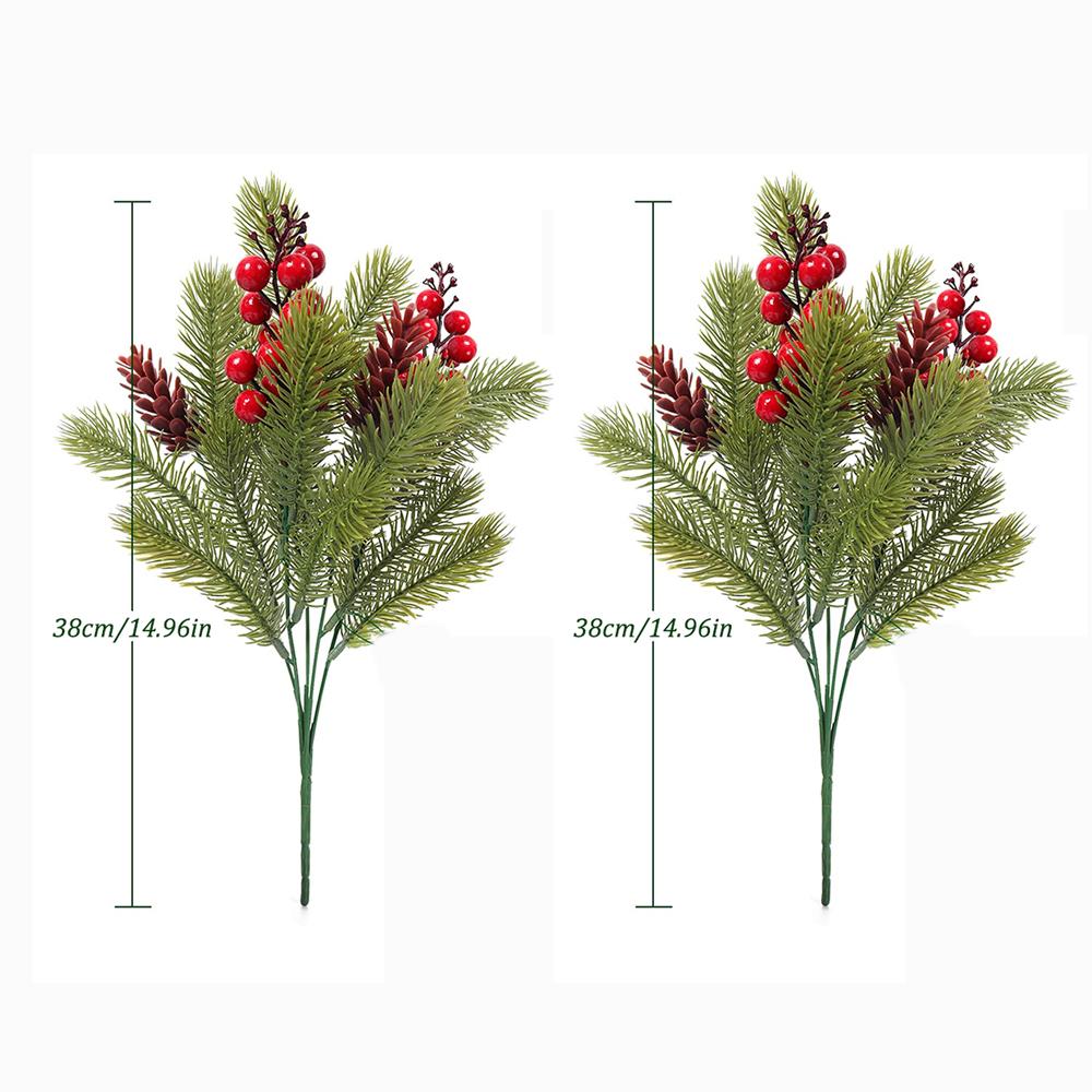 2PCS Plastic Holly Berry Pine Needles Branches with Pine Cones Artificial Flowers for Christmas Holiday Winter Table Decorations