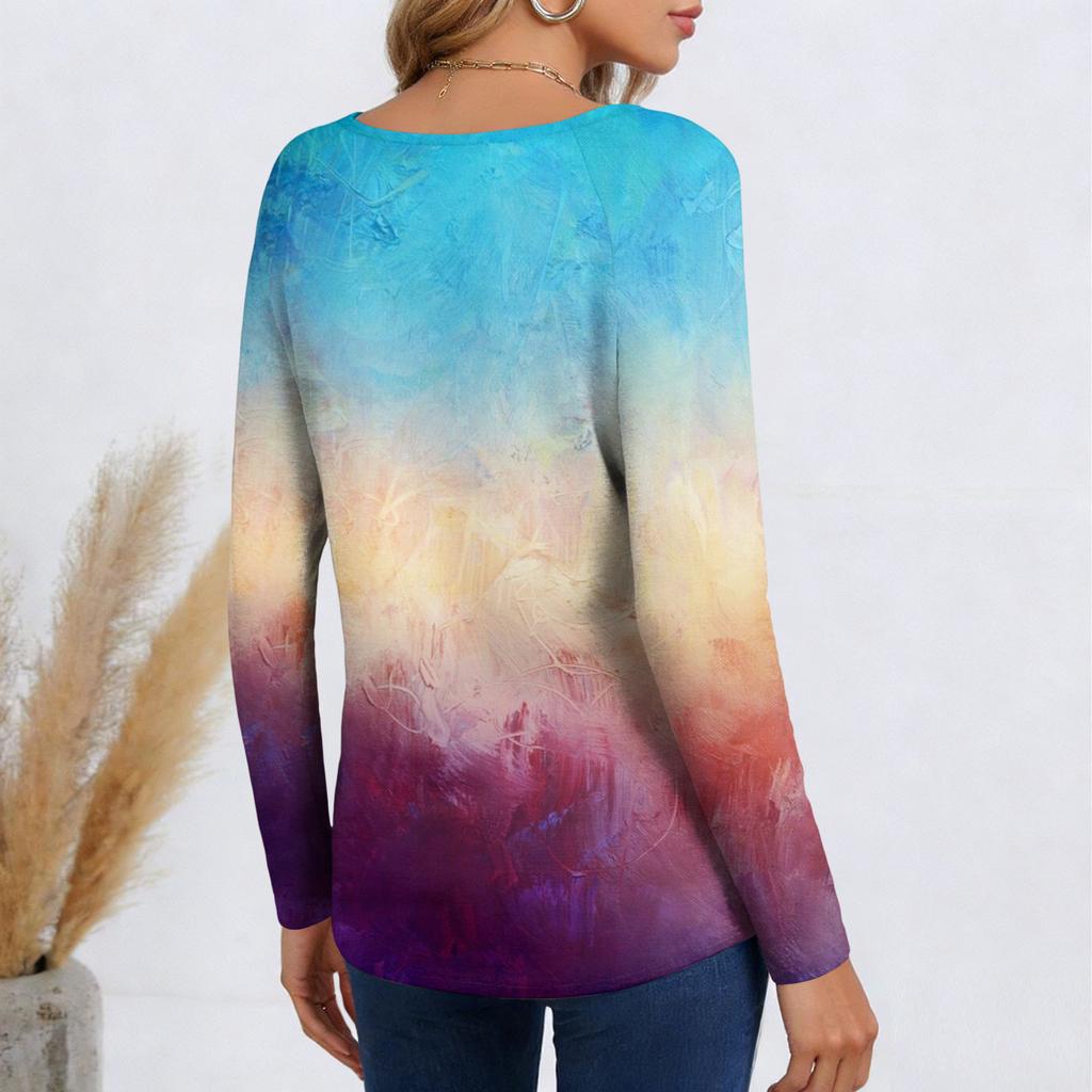 Damen lässiges Mode-Pulloveroberteil mit Langarm, kreuzgefärbt und bedruckt