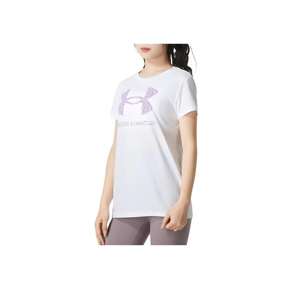 Under Armour Logo Comfort Breathable Round Neck Short Sleeve T-Shirt Women Tops White 1356305-108