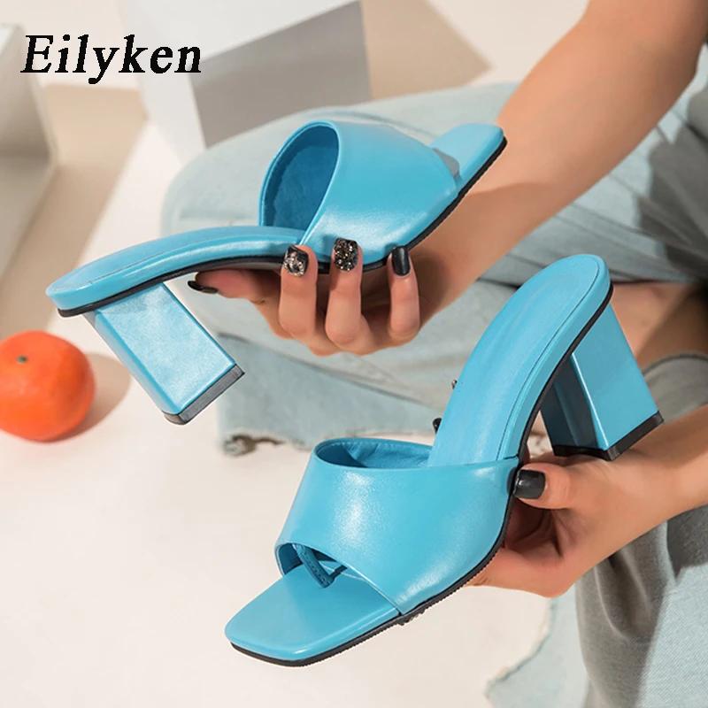Fashion Eilyken Summer Women Purple Slipper Square High Heel Beach Slip On Sandal Flip Flop Slides Size 41 42