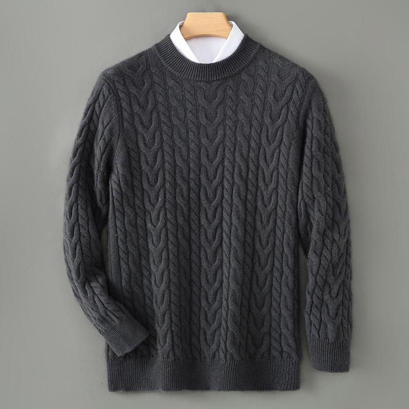 Men's 100% Pure Wool Round Neck Sweater – Autumn/Winter Thick Knit, Casual Loose Fit, Inner Cashmere Base Layer.