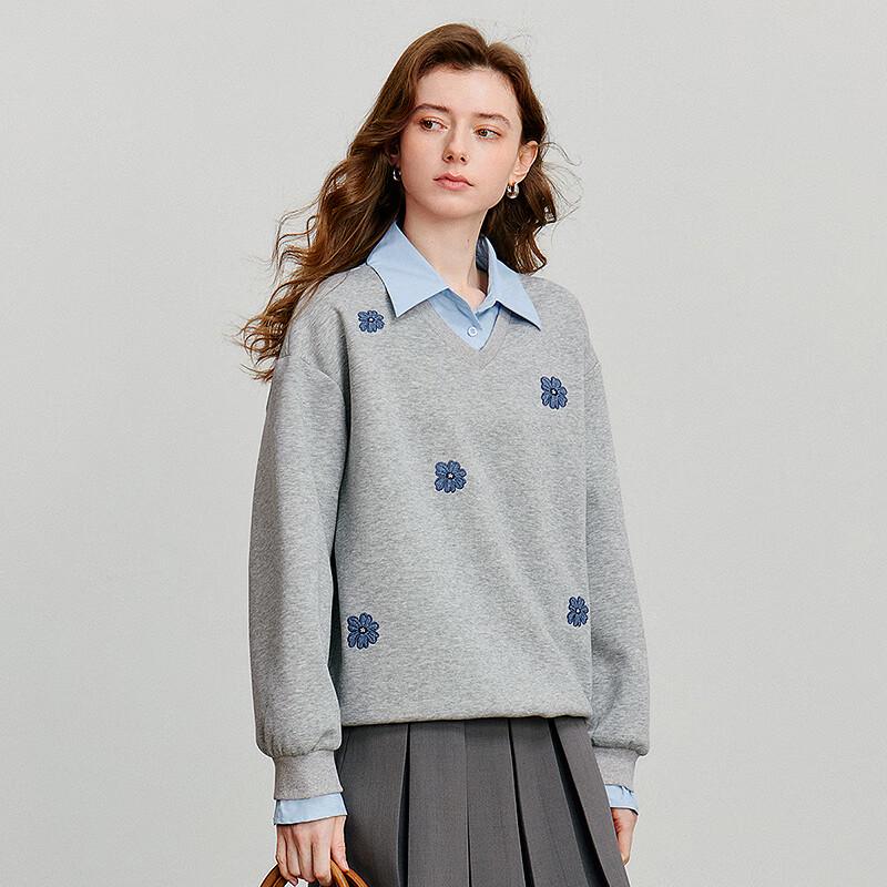 Chuyu Damen Faux Zweiteiliges Denim Blumen Sweatshirt