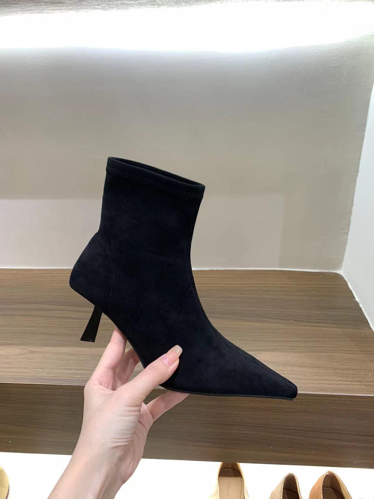 

High-heeled pointed suede khaki short boots women s shoes new spring and autumn single boots Korean small naked boots 35 чёрный