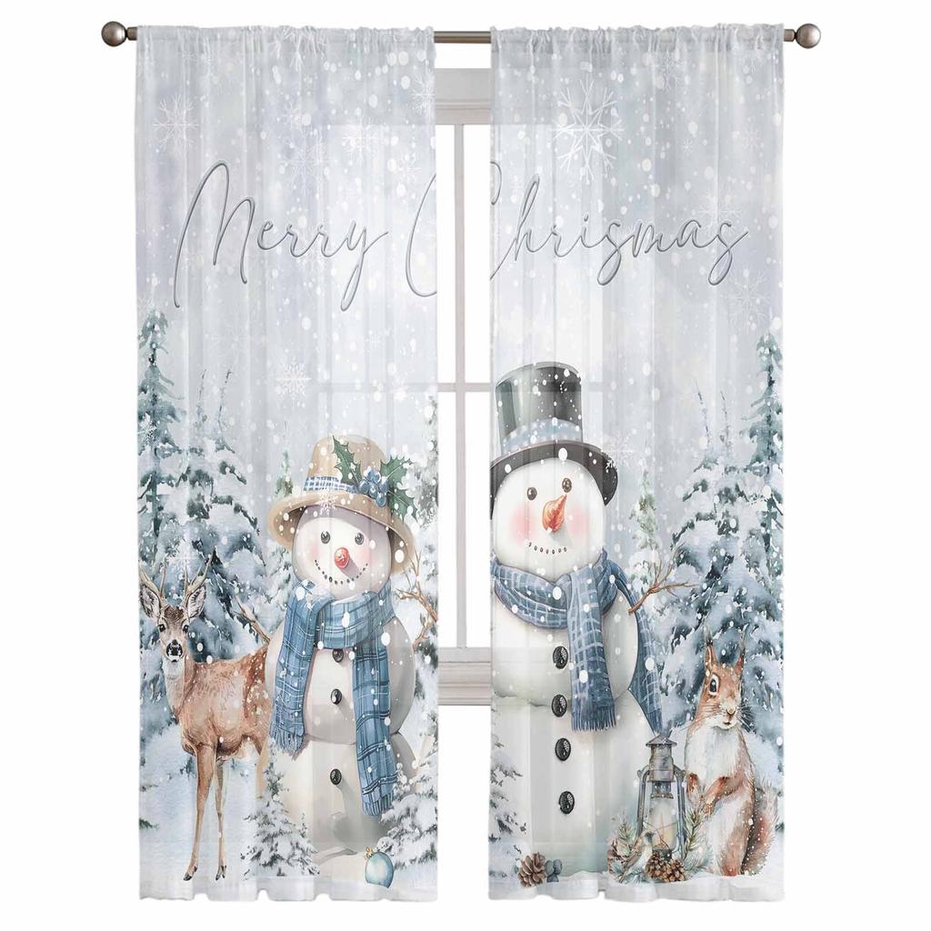 Christmas Snowman Tree Elk Squirrel Curtains For Living Room Tulle Window Curtain Bedroom Kitchen Veil Drapes