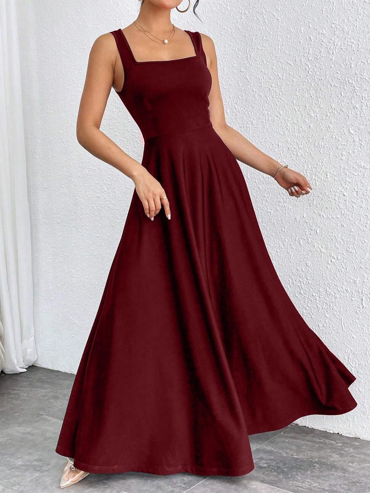 Summer Women's Dress Elegant Square Neck Long Dress Sleeveless Camisole Women's Dress Casual Solid Color Women's Long Dress