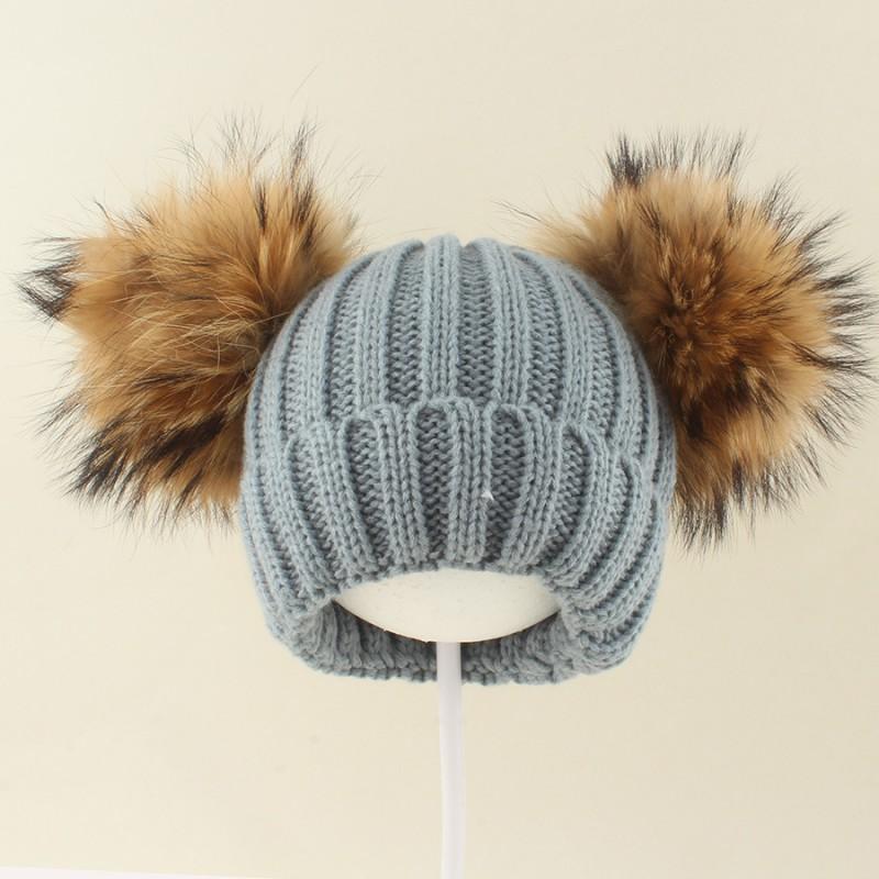 Kids Warm Knitted Beanie Hat With Double Pom Poms Striped Roll Edge Unisex Winter Cap Toddlers Children