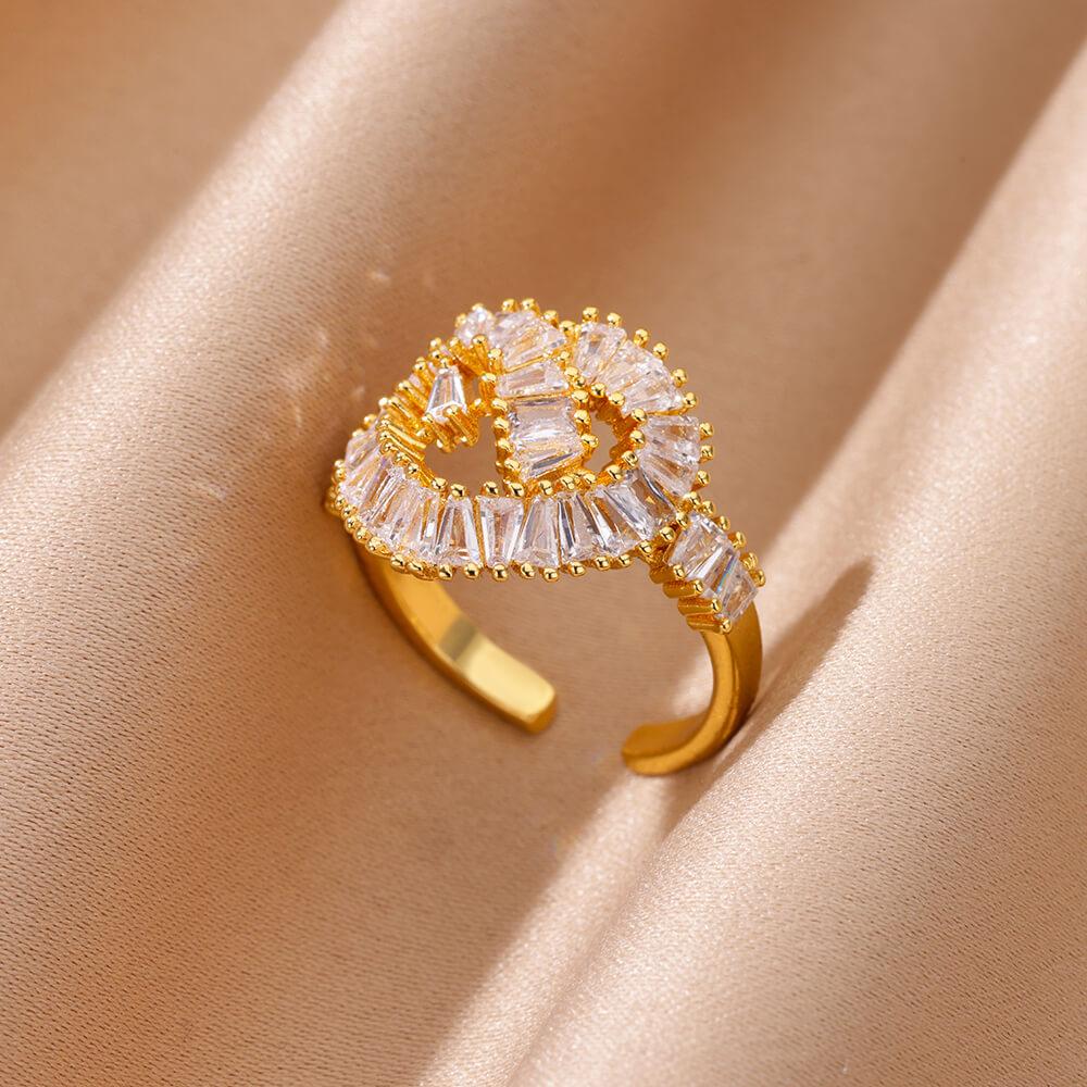Zircon Irregular Heart Sun Rings For Women Stainless Steel Gold Color Geometric Openning Ring Female  Party Jewelry Gift