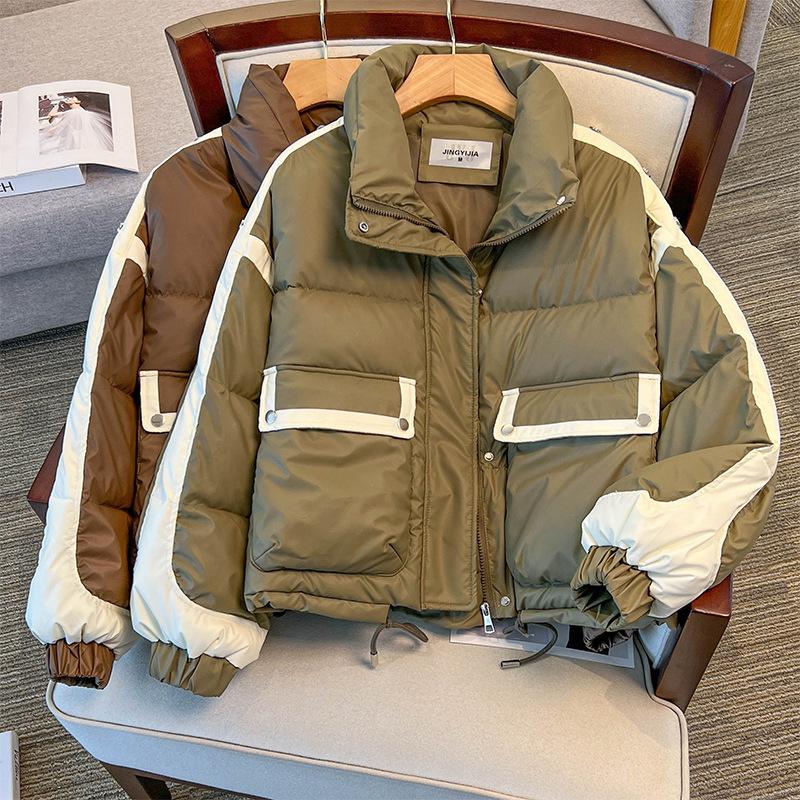 Color-blocking short cotton jacket women's 2025 new winter loose warm cotton jacket stand-up collar bread jacket cotton jacket